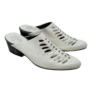 Calleen Cordero white pattern, leather slip on studded western mules sz 8